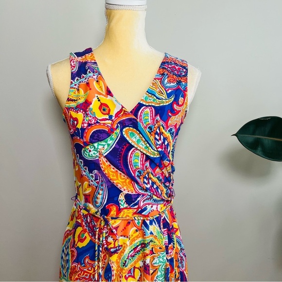 LAUREN RALPH LAUREN Paisley Dress Stretchy Surplice Sleeveless Tie Belt - Picture 5 of 8